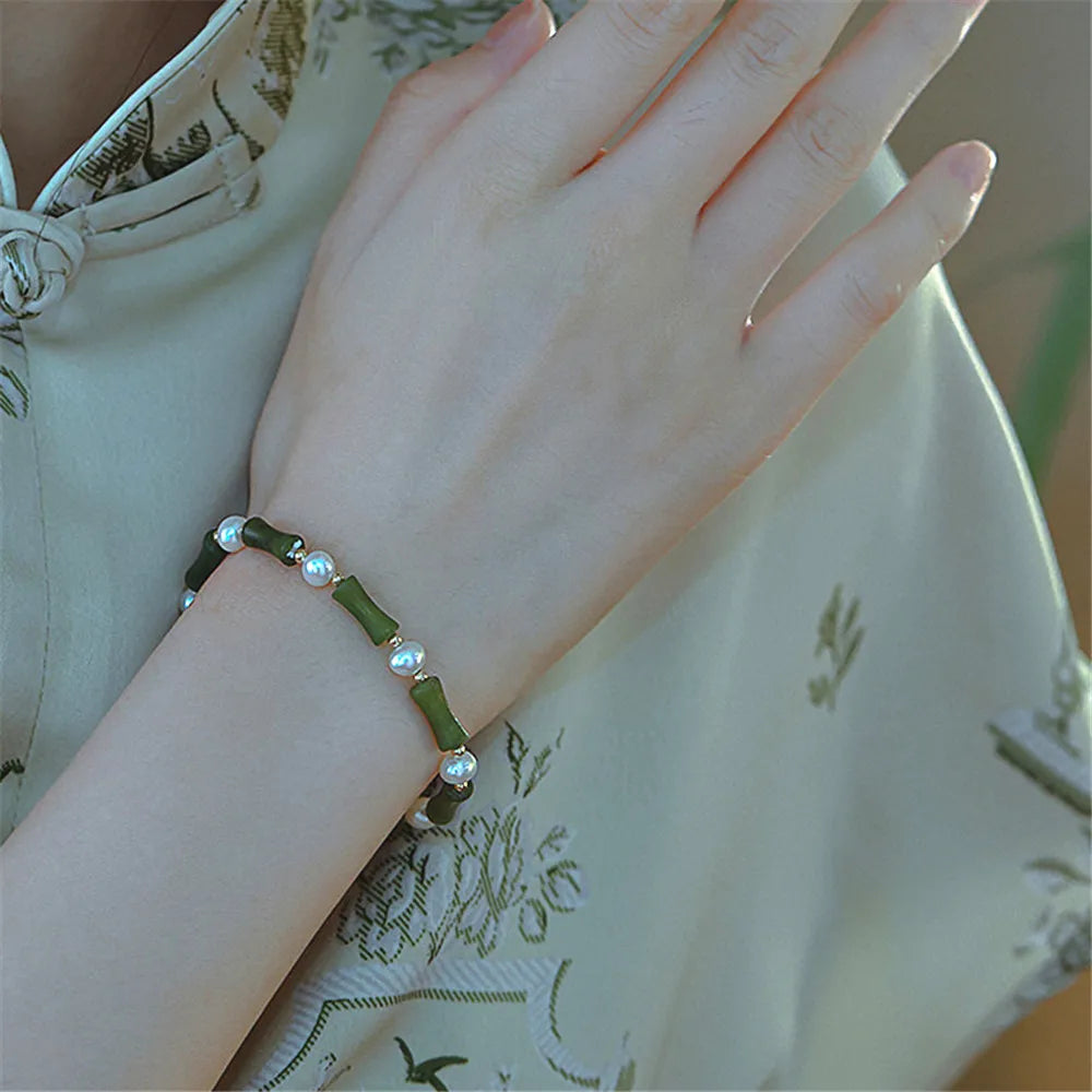 Bamboe Bliss Armband van Groene Jade & Parel