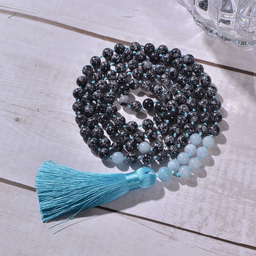OCEAN STORMS SNEEUWVLOK OBSIDIAAN & AQUAMARIJN MALA KETTING