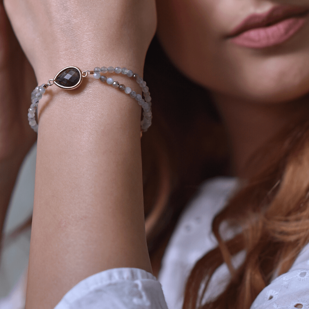 TEDERE LIEFDE LABRADORIET MICA MAANSTEEN & AMAZONIET ARMBAND