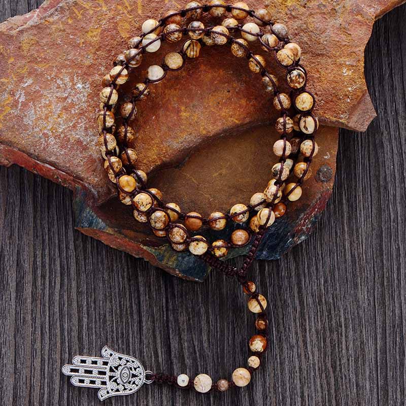 OVERVLOEDIGE ZEGENINGEN JASPIS KETTING MET HAMSA HANGER