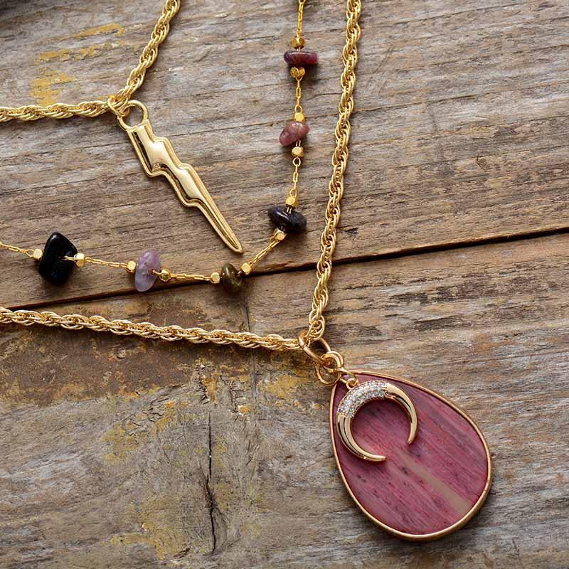 HALVE MAAN KOSMISCHE RHODONIET & ONYX GOUDEN KETTING