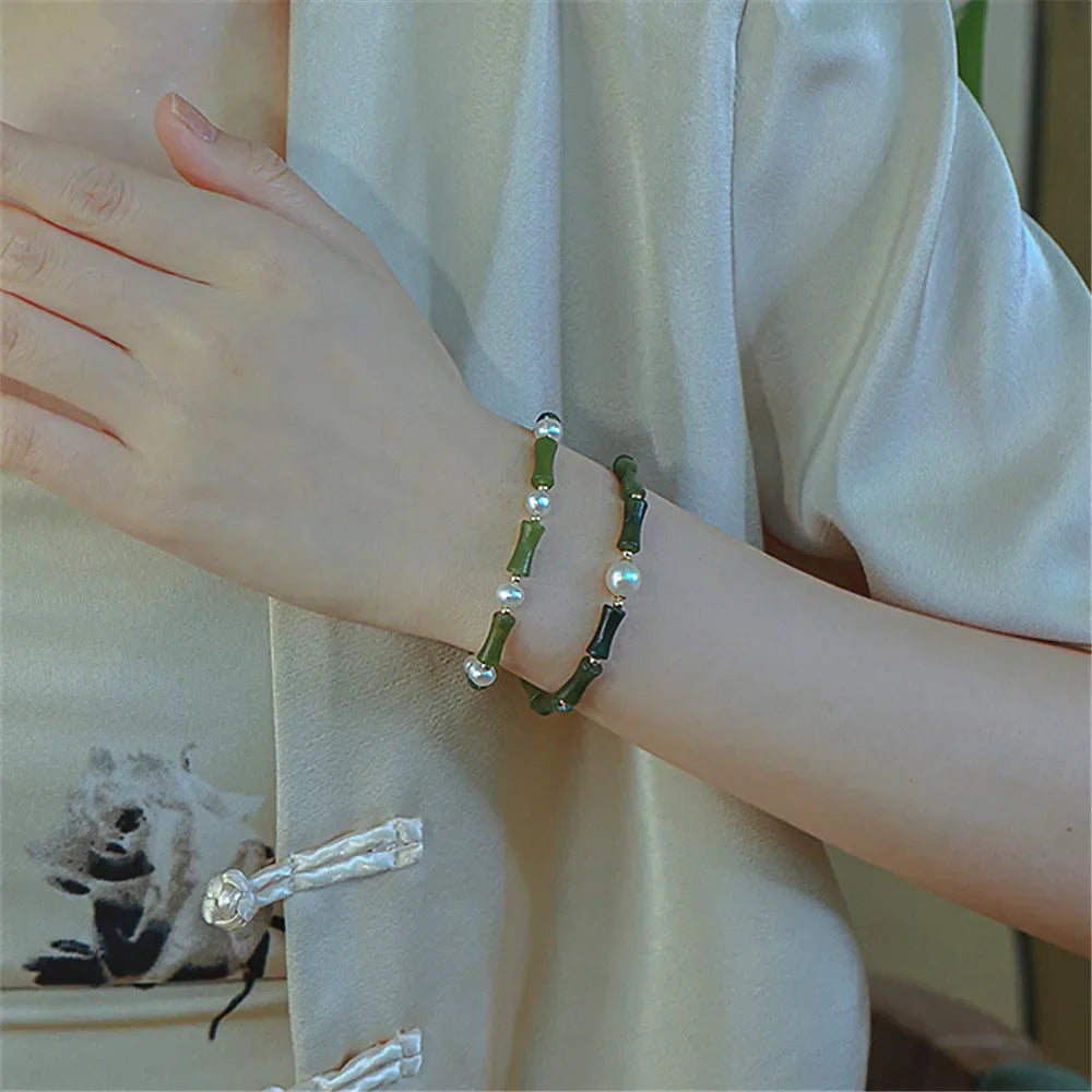 Bamboe Bliss Armband van Groene Jade & Parel