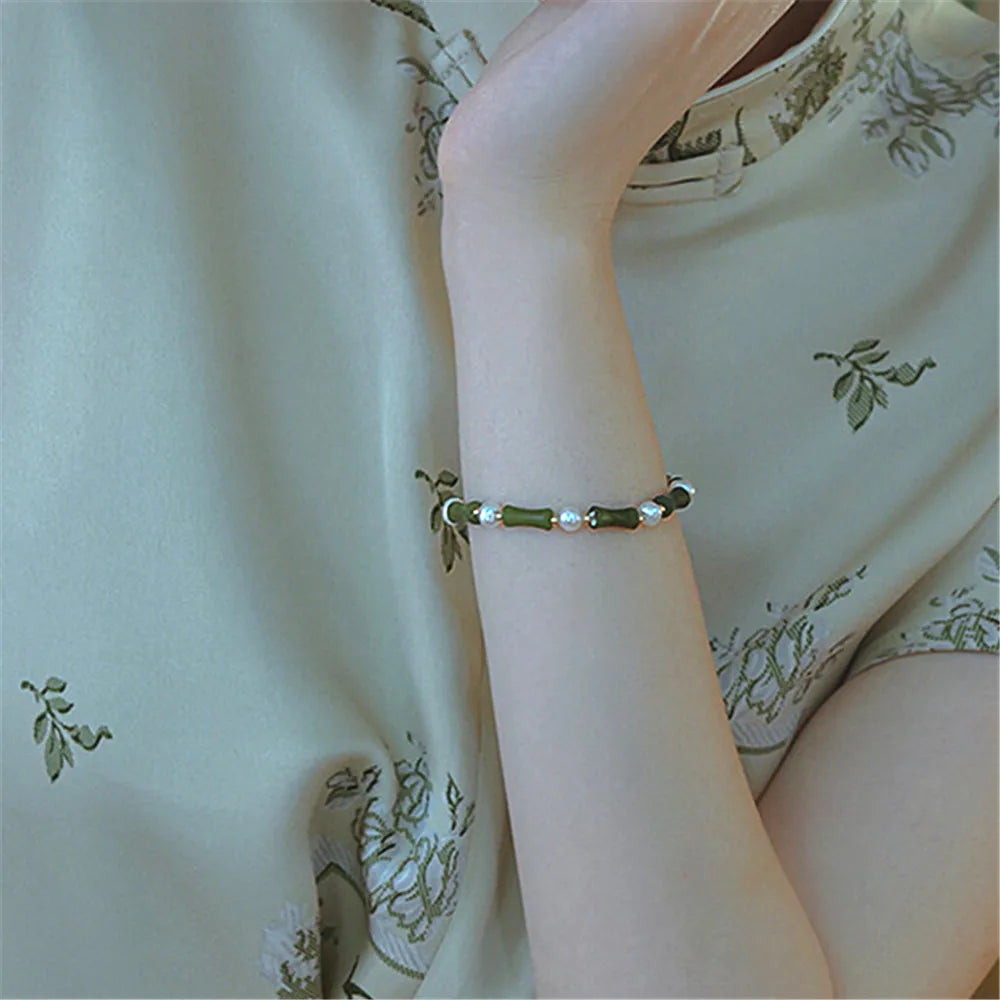 Bamboe Bliss Armband van Groene Jade & Parel