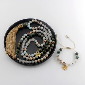 "LEVENSBOOM" AFRIKAANSE TURKOOIS WITTE JADE & SHOUSHAN MALA SET