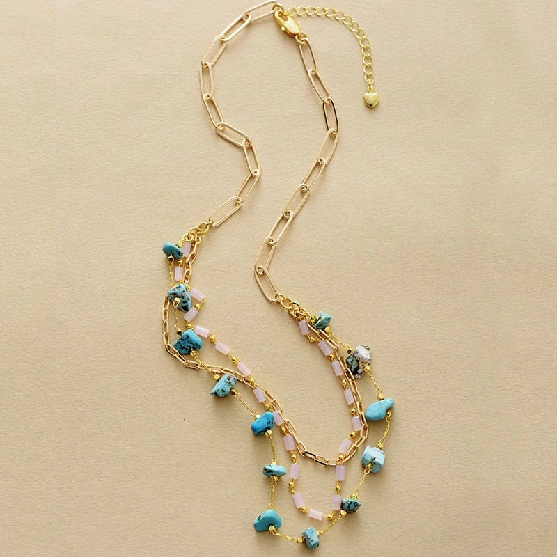 GOUDEN GELAAGDE KETTING VAN GENTLE LOVE TURQUOISE & ROZENKWARTS