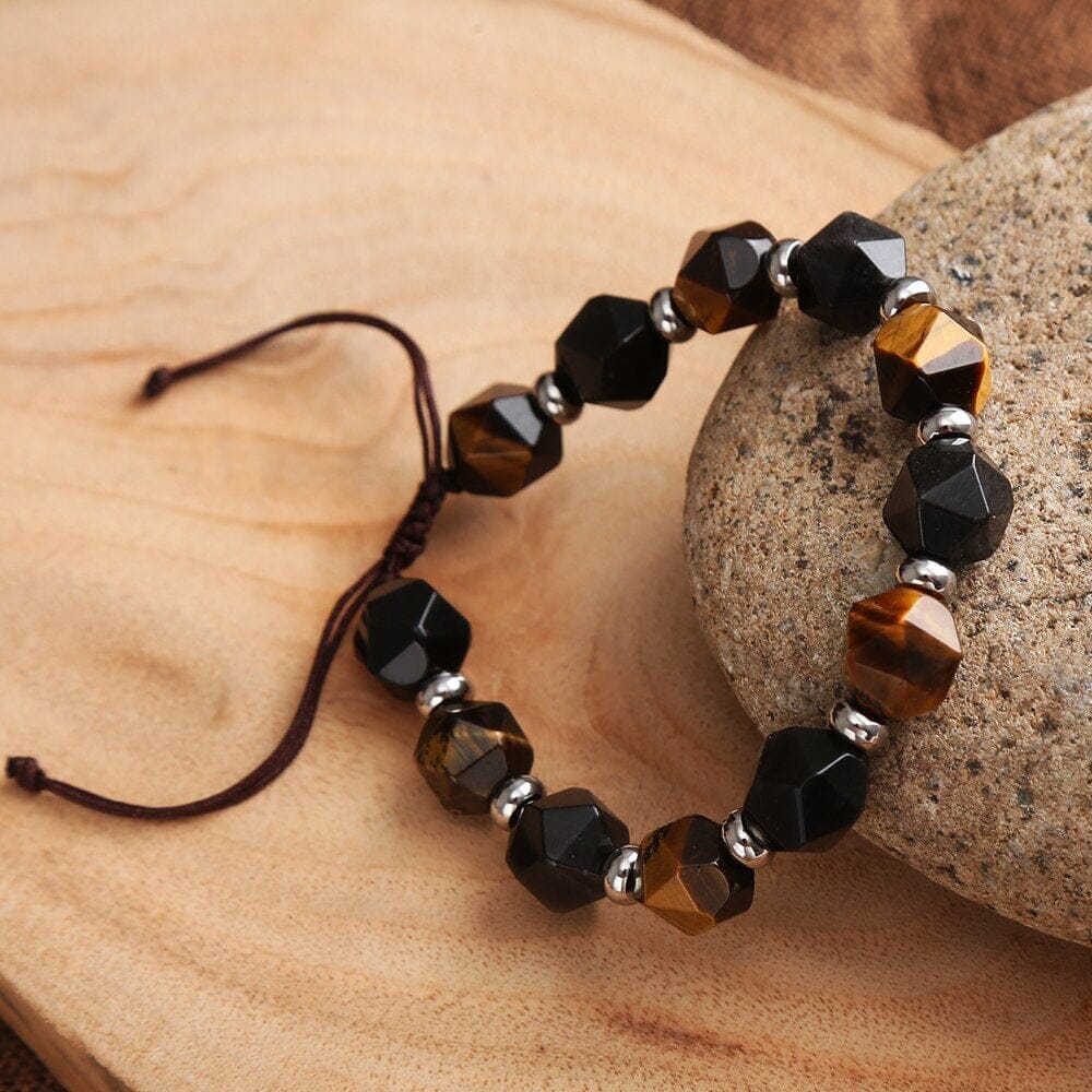 RUSTGEVENDE KRACHT TIJGEROOG & OBSIDIAAN GEOMETRISCHE ARMBAND