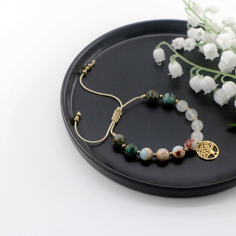 "LEVENSBOOM" AFRIKAANSE TURKOOIS WITTE JADE & SHOUSHAN MALA SET