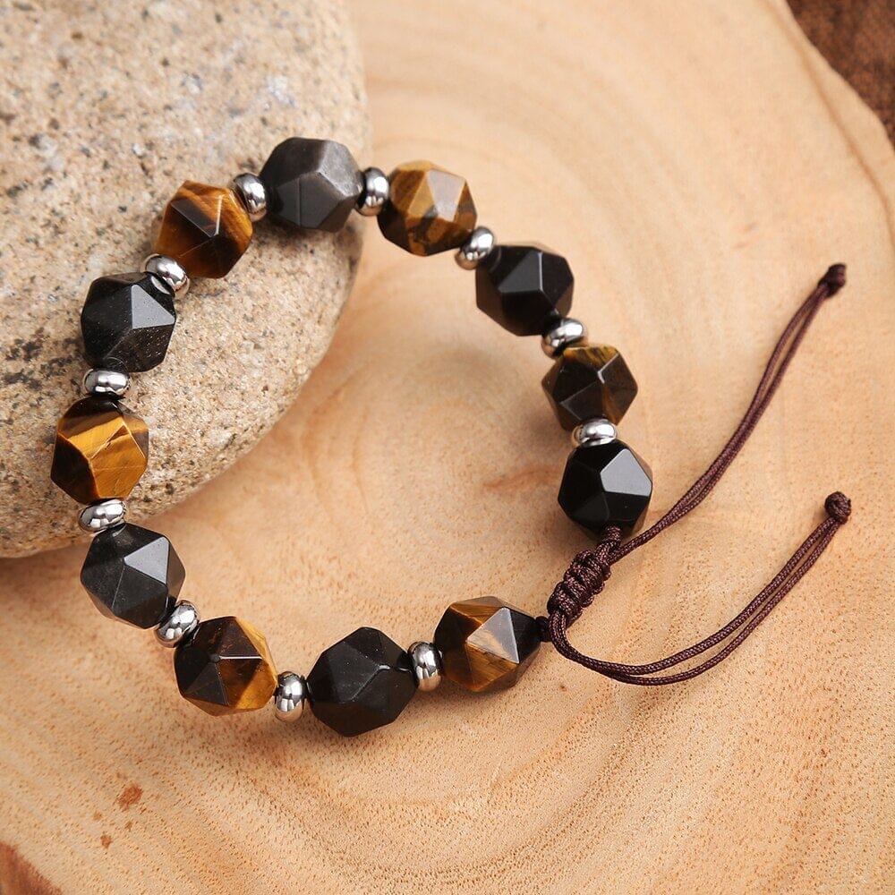 RUSTGEVENDE KRACHT TIJGEROOG & OBSIDIAAN GEOMETRISCHE ARMBAND