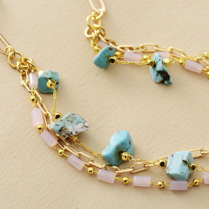 GOUDEN GELAAGDE KETTING VAN GENTLE LOVE TURQUOISE & ROZENKWARTS