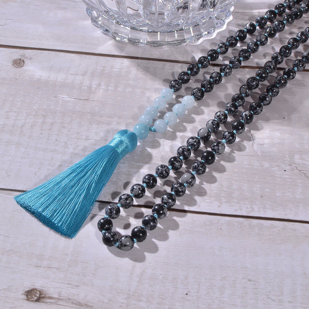 OCEAN STORMS SNEEUWVLOK OBSIDIAAN & AQUAMARIJN MALA KETTING