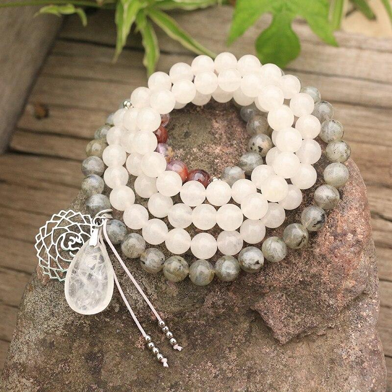 108 NATUURLIJKE LABRADORIET WITTE JADE EN AMETHIST MALA KRALEN KETTING / ARMBAND