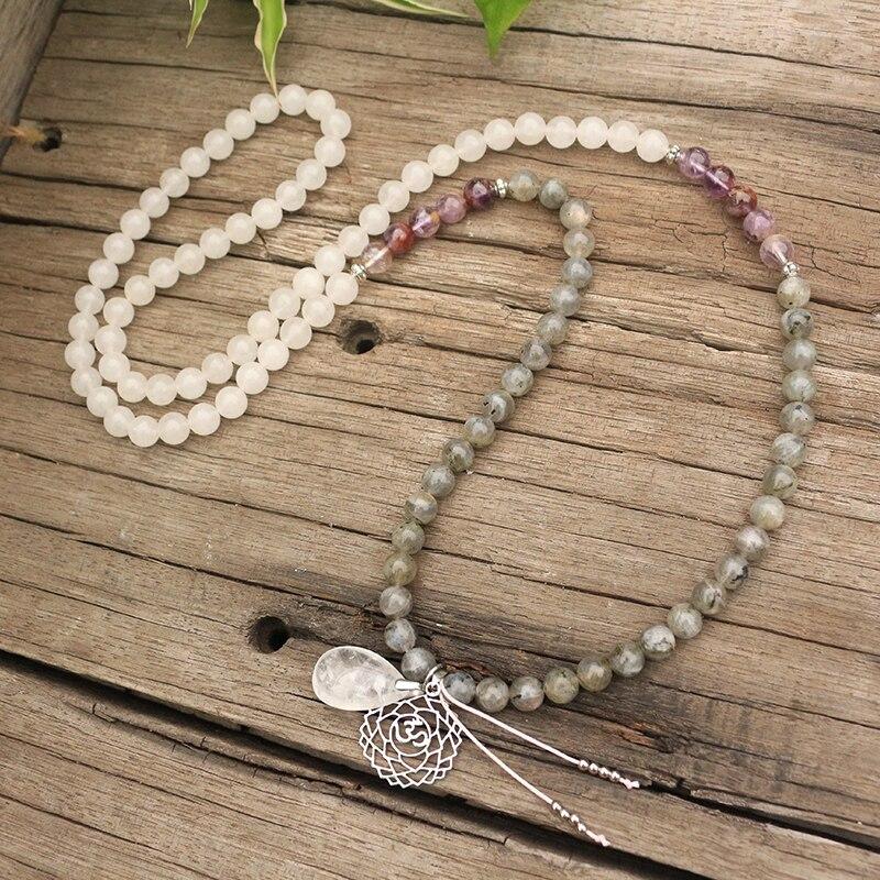 108 NATUURLIJKE LABRADORIET WITTE JADE EN AMETHIST MALA KRALEN KETTING / ARMBAND