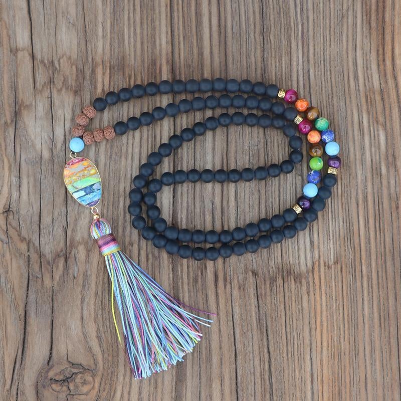 MAT ZWART & VOLLE CHAKRA REGENBOOG MALA KETTING