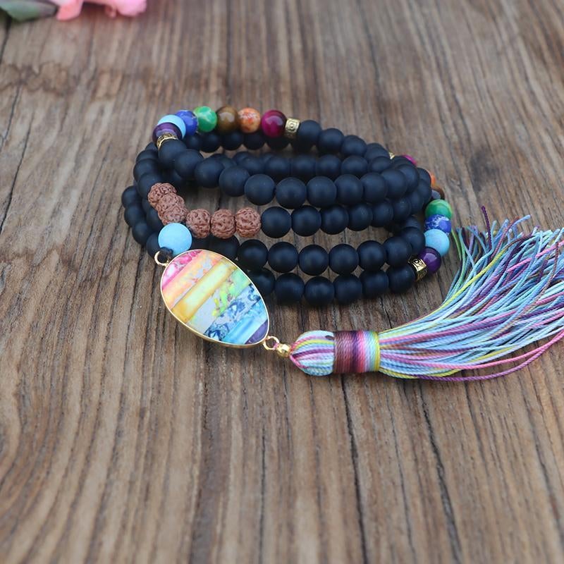 MAT ZWART & VOLLE CHAKRA REGENBOOG MALA KETTING