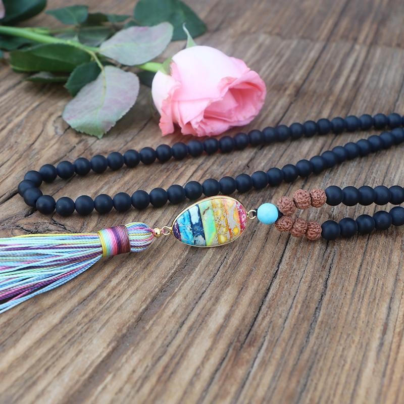 MAT ZWART & VOLLE CHAKRA REGENBOOG MALA KETTING