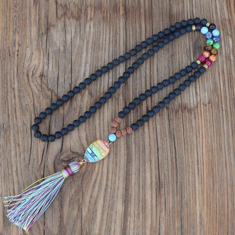 MAT ZWART & VOLLE CHAKRA REGENBOOG MALA KETTING