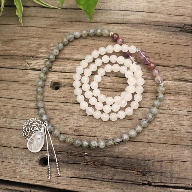 108 NATUURLIJKE LABRADORIET WITTE JADE EN AMETHIST MALA KRALEN KETTING / ARMBAND