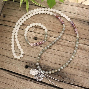 108 NATUURLIJKE LABRADORIET WITTE JADE EN AMETHIST MALA KRALEN KETTING / ARMBAND